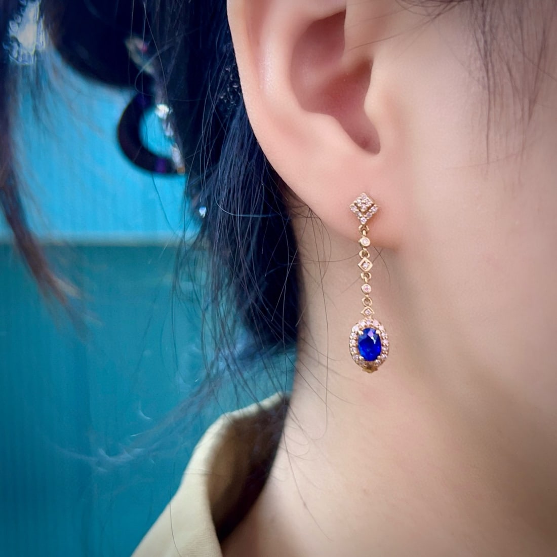 14k Gold 1.52 Ctw Natural Sapphire & Diamond Earrings - 2