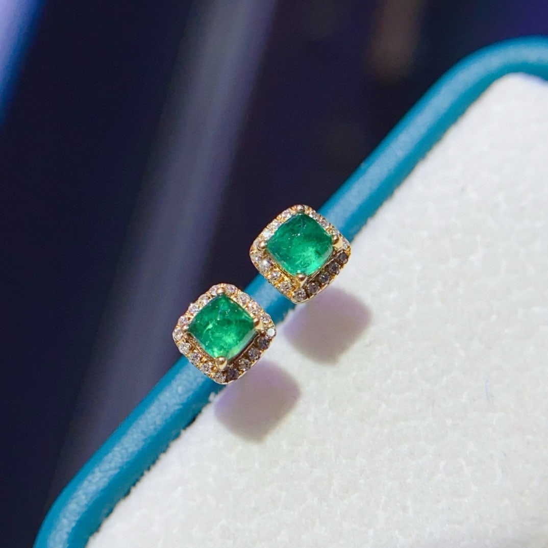 14k Gold 0.47 Ct Natural Emerald & Diamond Earrings - 2