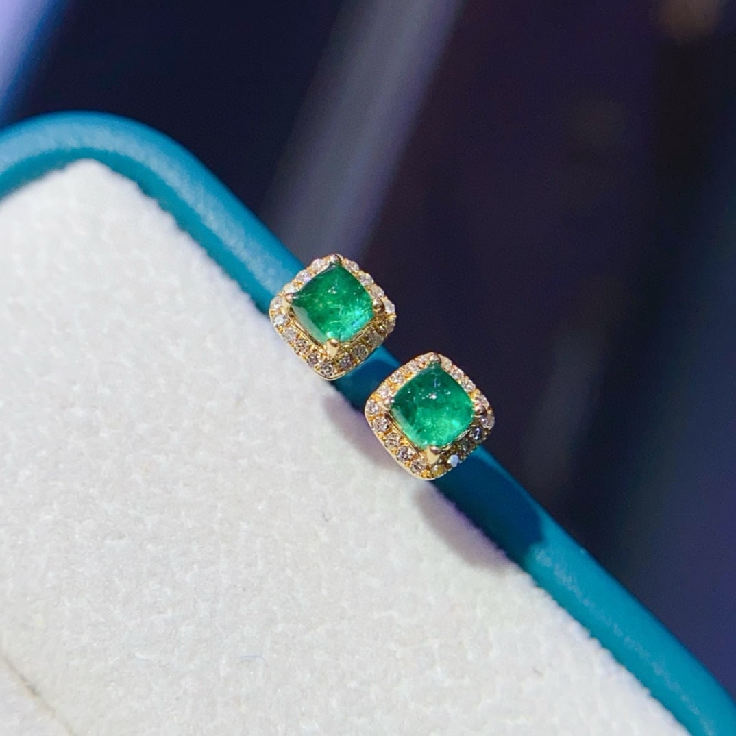14k Gold 0.47 Ct Natural Emerald & Diamond Earrings - 4