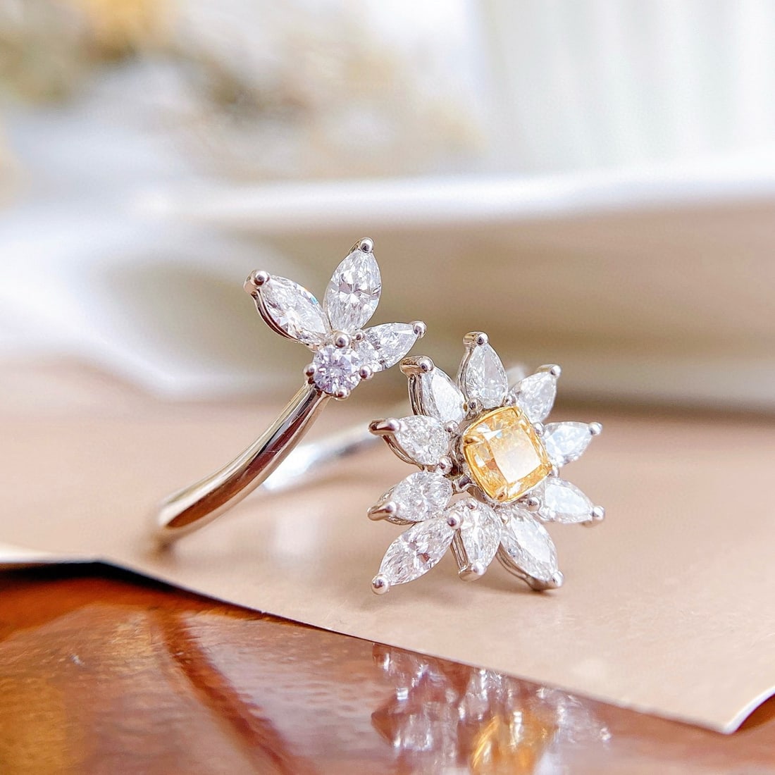 14k Gold 0.92 Ctw Natural Yellow Diamond & Diamond Ring: Ref:230995157 // gold content:14k gold // ring size:7. 25us // // main gemstone:yellow diamond // shape:cushion // carat weight:0. 24ct // color:yellow // treatment:natural // // adjacent gemstone 2 :
