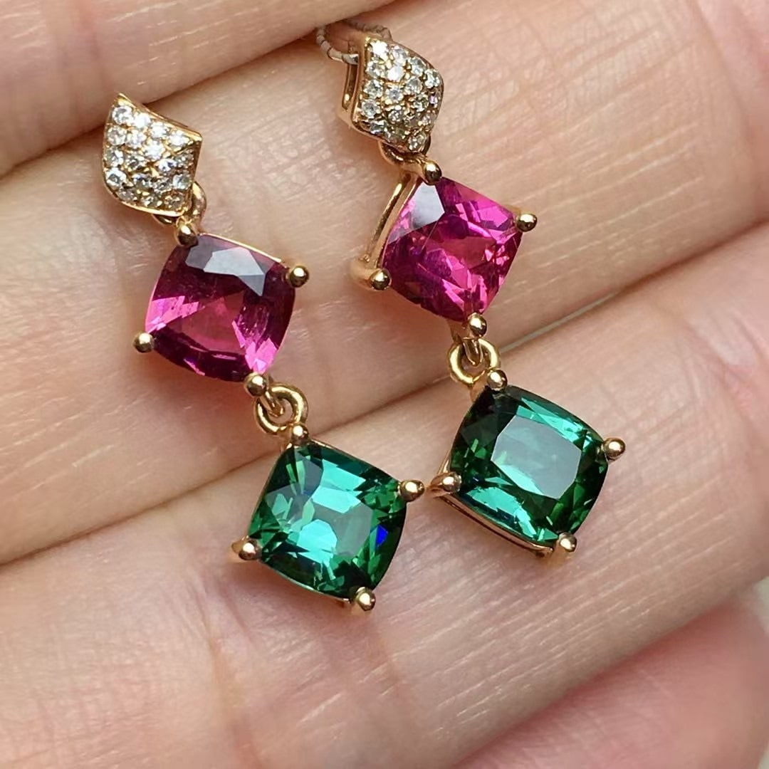 14k Gold 3.1 Ct Natural Tourmaline & Diamond Earrings - 2
