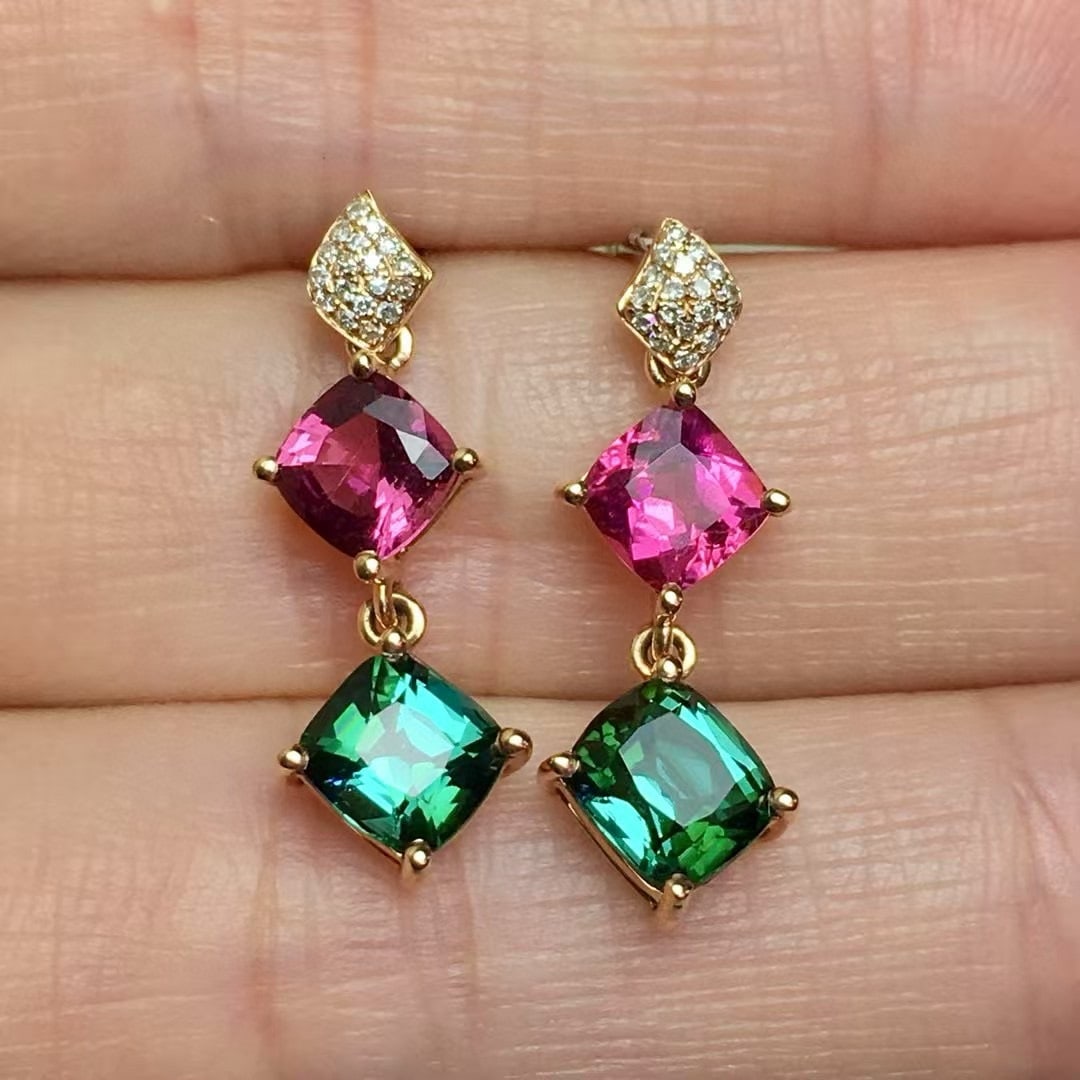 14k Gold 3.1 Ct Natural Tourmaline & Diamond Earrings - 3
