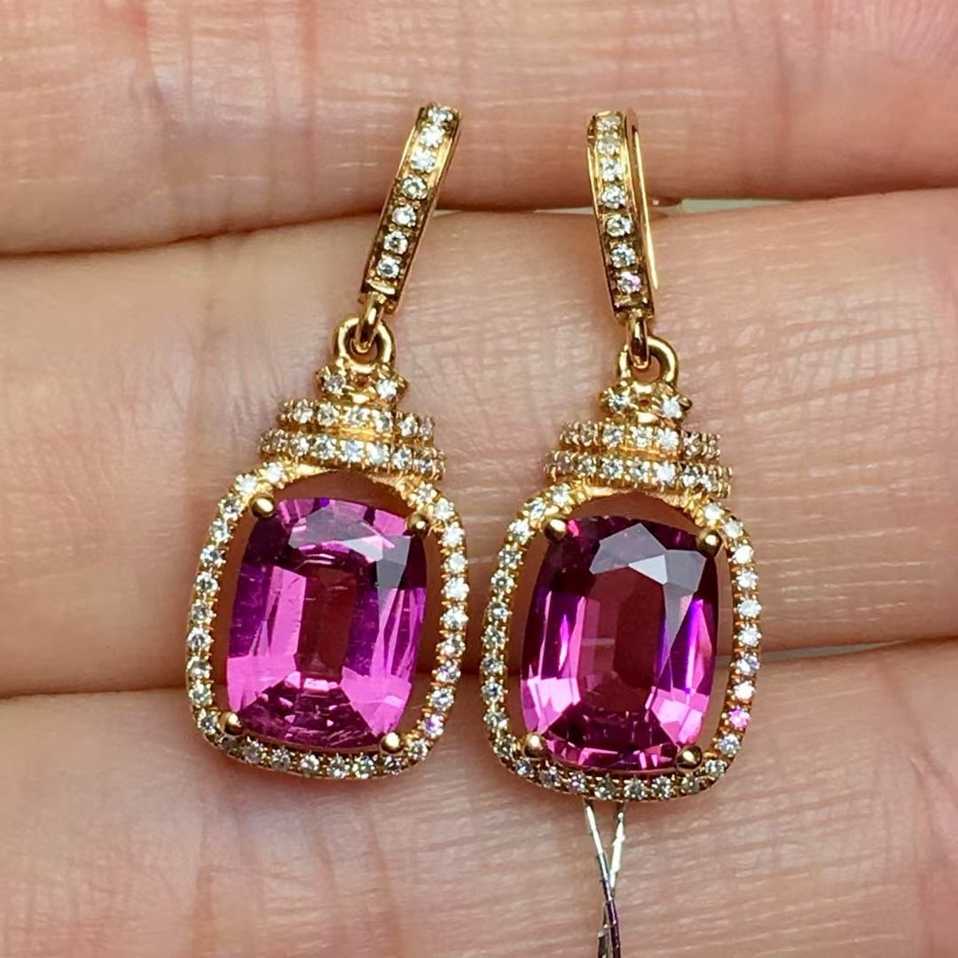14k Gold 2.71 Ctw Natural Tourmaline & Diamond Earrings: Ref:230995181 // gold content:14k gold // main gemstone:tourmaline // shape:cushion // carat weight:2. 5ct // color:purple // treatment:natural // // adjacent gemstone 2 : diamond // shape:round //
