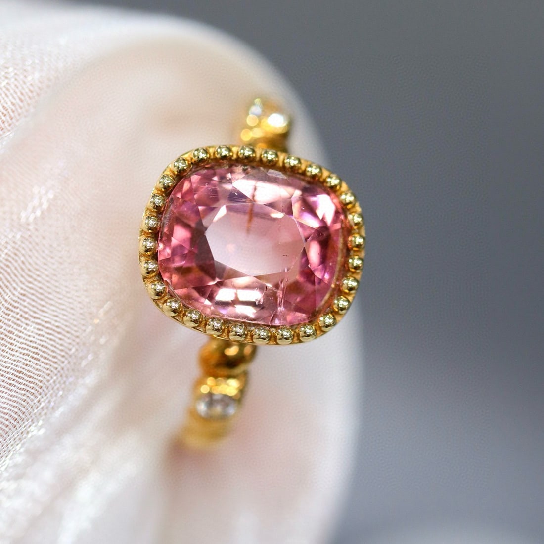 14k Gold 2.68 Ctw Natural Tourmaline & Diamond Ring: Ref:230995185 // gold content:14k gold // ring size:7. 25us // // main gemstone:tourmaline // shape:cushion // carat weight:2. 62ct // color:pink // treatment:natural // // adjacent gemstone 2 :