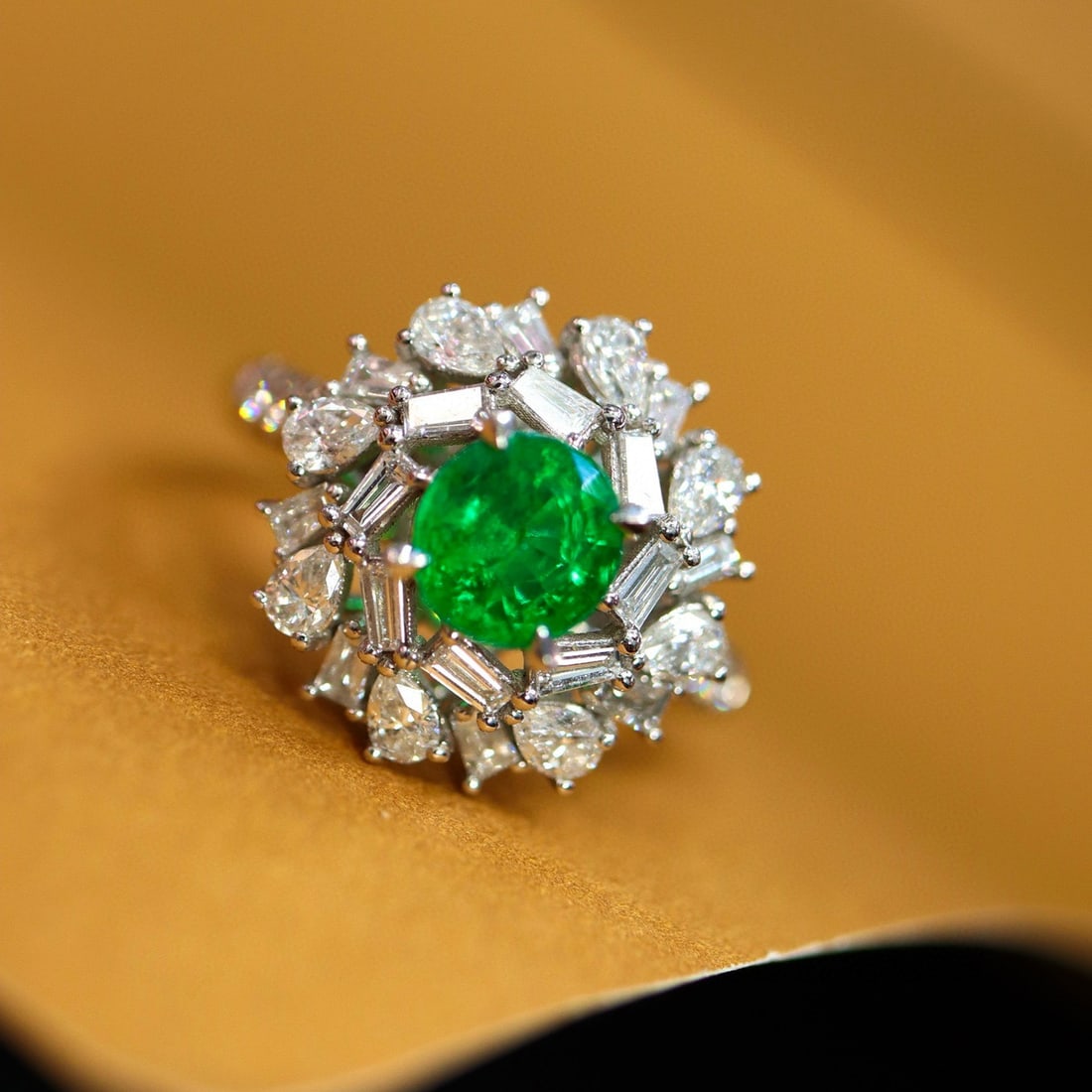 14k Gold 2.33 Ctw Natural Emerald & Diamond Ring: Ref:230995186 // gold content:14k gold // ring size:7. 25us // // main gemstone:emerald // shape:round // carat weight:1. 18ct // color:green // treatment:natural // cut grade:g // // adjacent gemston