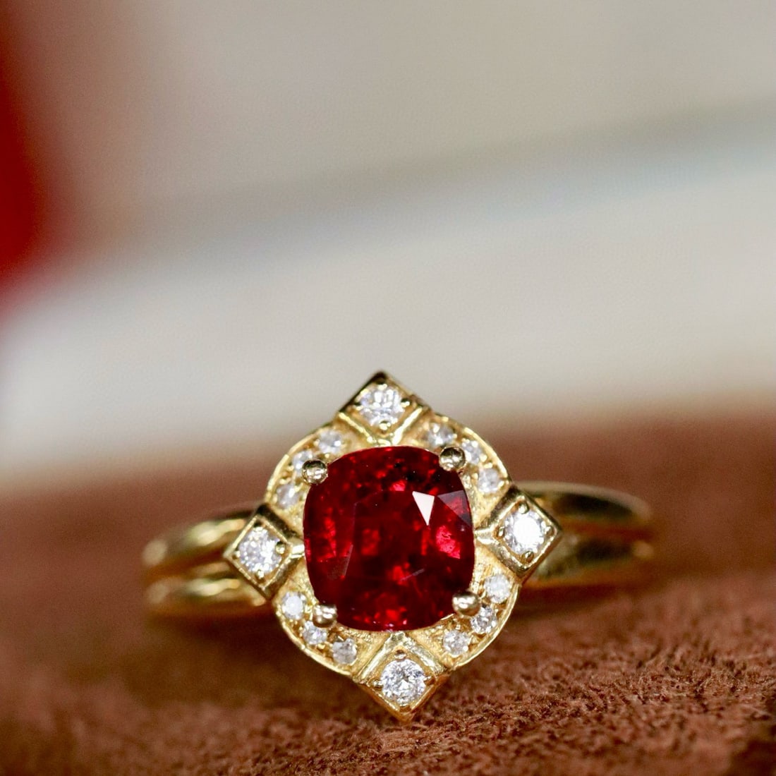 14k Gold 1.31 Ctw Natural Ruby & Diamond Ring: Ref:230995197 // gold content:14k gold // ring size:7. 25us // // main gemstone:ruby // shape:cushion // carat weight:1. 19ct // color:red // treatment:natural // // adjacent gemstone 2 : diamond // s