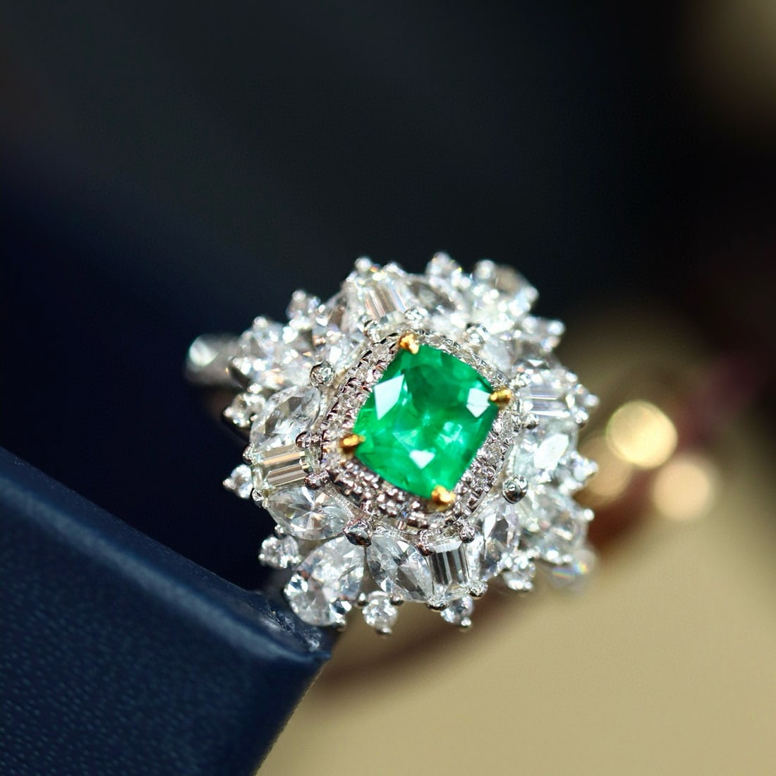 14k Gold 0.74 Ctw Natural Emerald & Diamond Ring: Ref:230995200 // gold content:14k gold // ring size:7. 25us // // main gemstone:emerald // shape:cushion // carat weight:0. 57ct // color:green // treatment:natural // // adjacent gemstone 2 : diamond