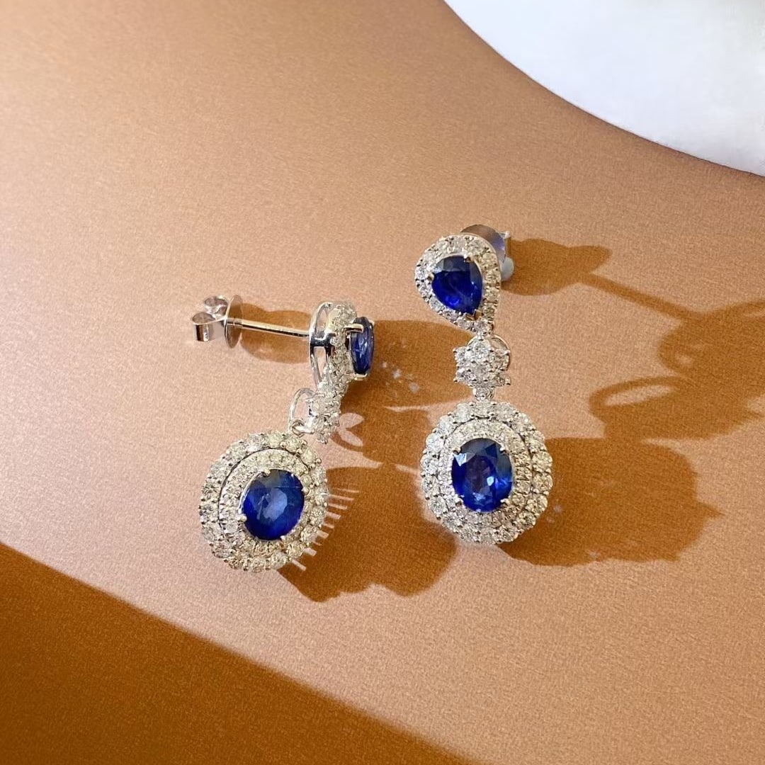 14k Gold 3.91 Ctw Natural Sapphire & Diamond Earrings - 2