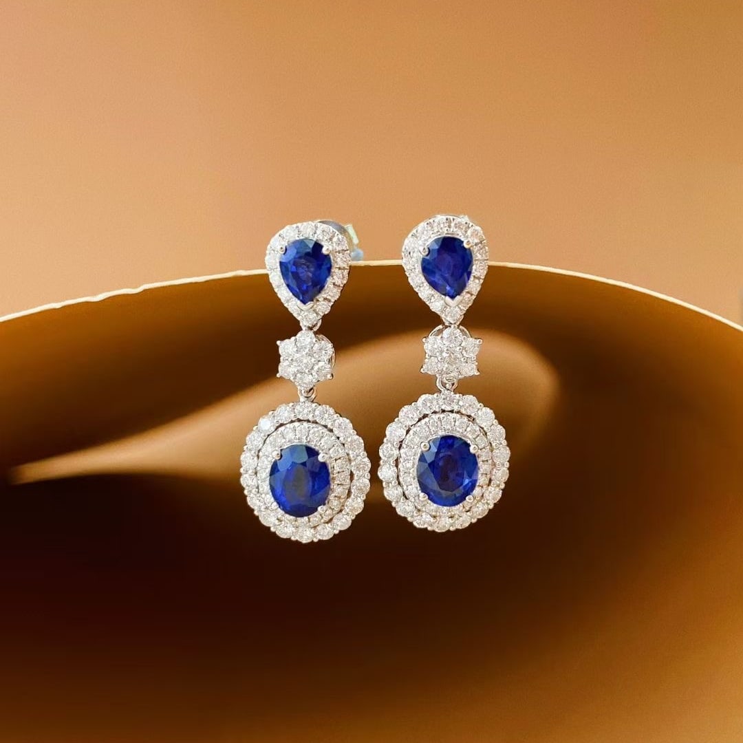 14k Gold 3.91 Ctw Natural Sapphire & Diamond Earrings - 3