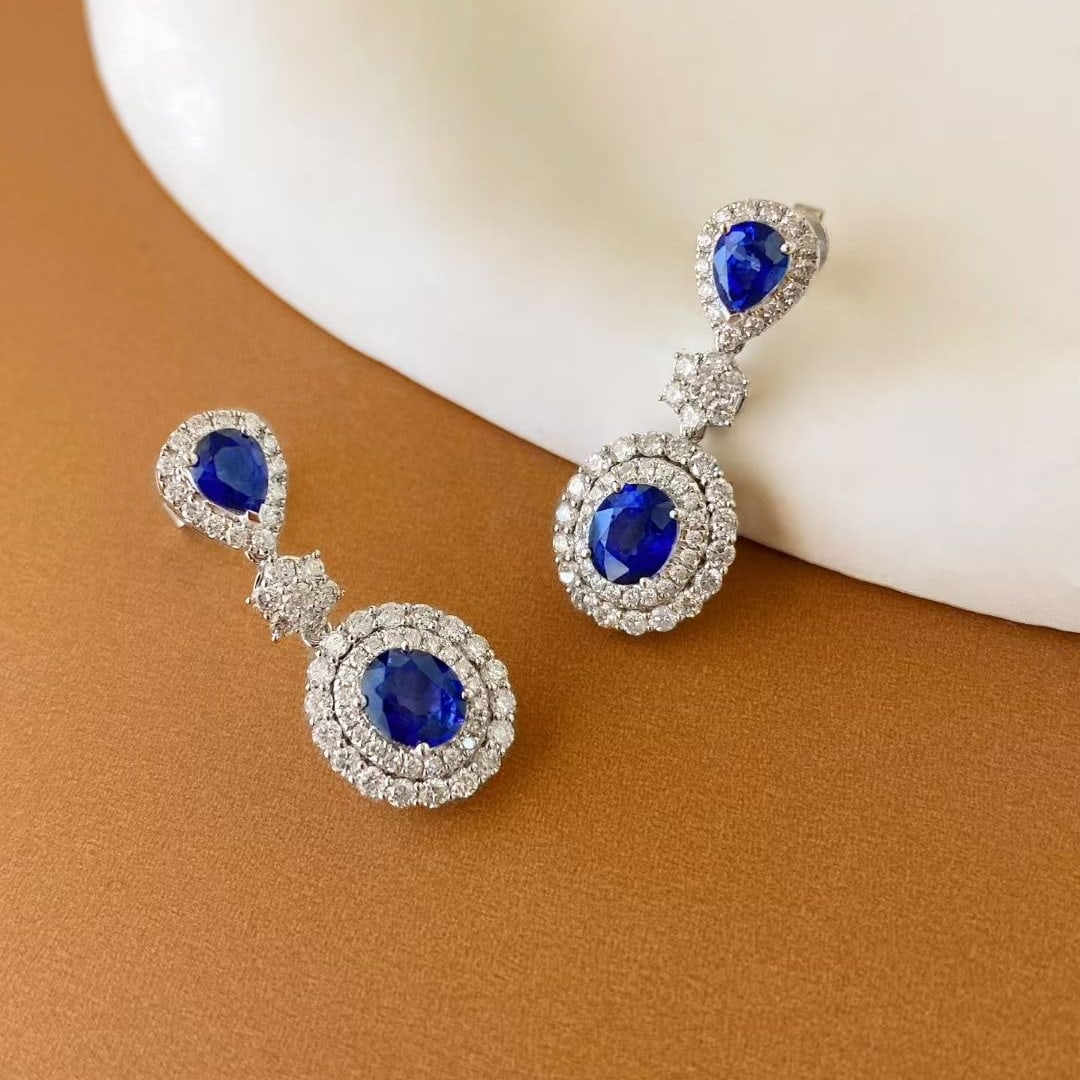 14k Gold 3.91 Ctw Natural Sapphire & Diamond Earrings - 4