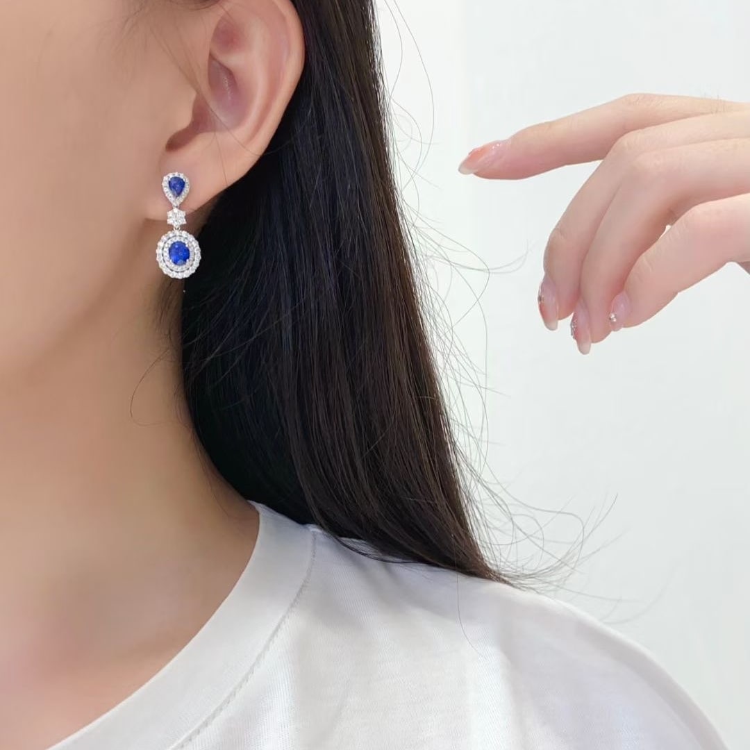 14k Gold 3.91 Ctw Natural Sapphire & Diamond Earrings - 6