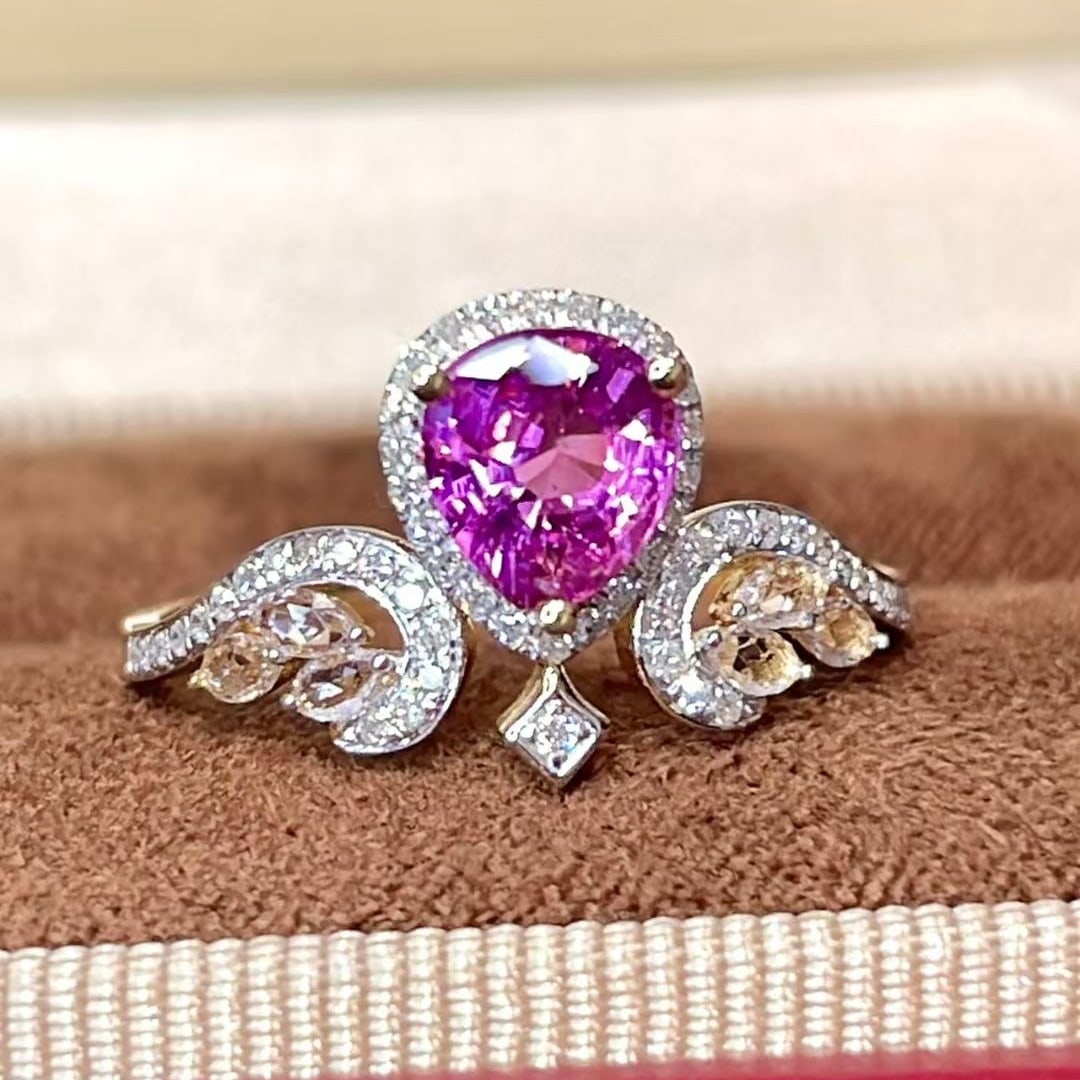 14k Gold 1.02 Ct Natural Sapphire & Diamond & Sapphire Ring: Ref:230995205 // gold content:14k gold // ring size:7. 25us // // main gemstone:sapphire // shape:pear // carat weight:1. 02ct // color:pinkish purple // treatment:natural // // adjacent gemstone 2 :