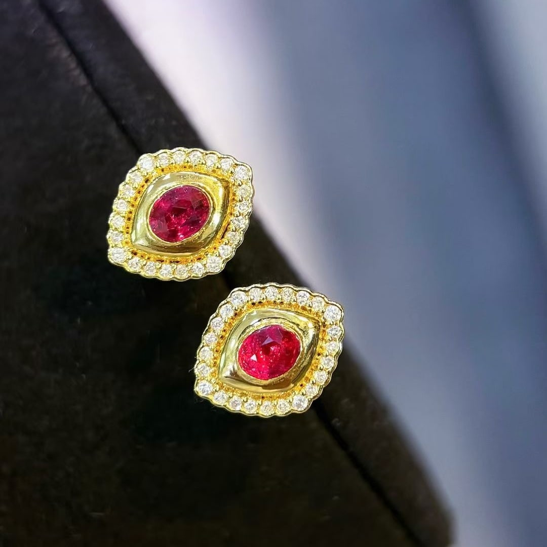 14k Gold 0.5 Ct Natural Ruby & Diamond Earrings - 2