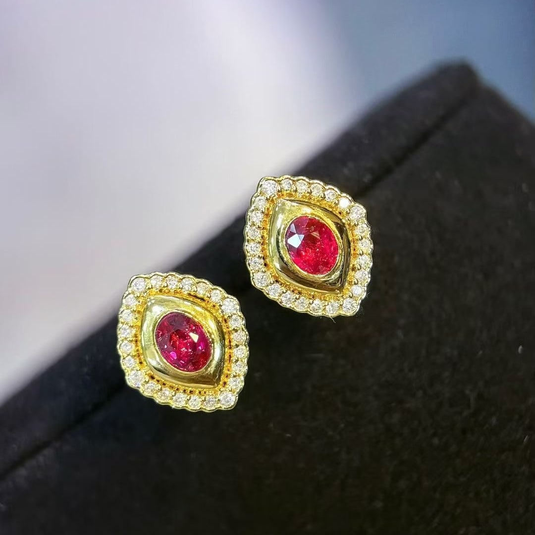 14k Gold 0.5 Ct Natural Ruby & Diamond Earrings - 3