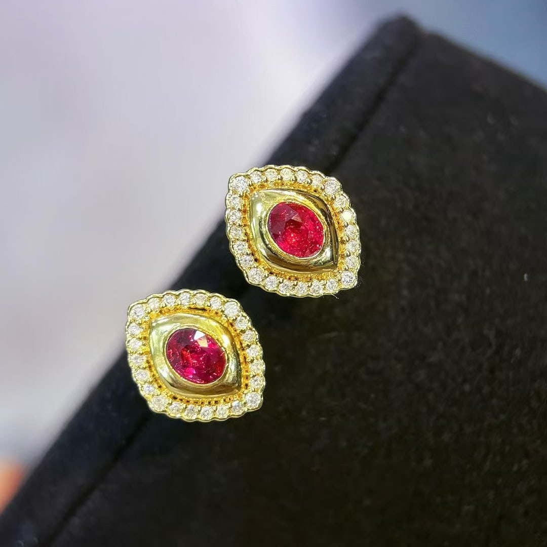 14k Gold 0.5 Ct Natural Ruby & Diamond Earrings - 4
