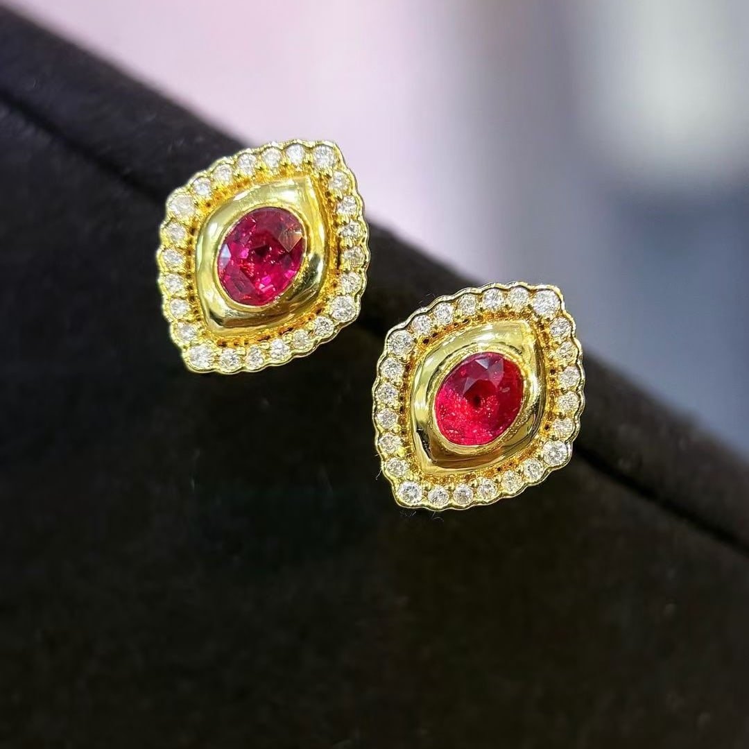 14k Gold 0.5 Ct Natural Ruby & Diamond Earrings - 6