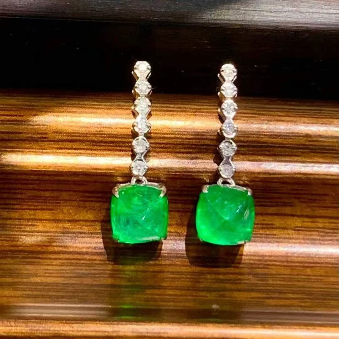 14k Gold 2 Ct Natural Emerald & Diamond Earrings - 3