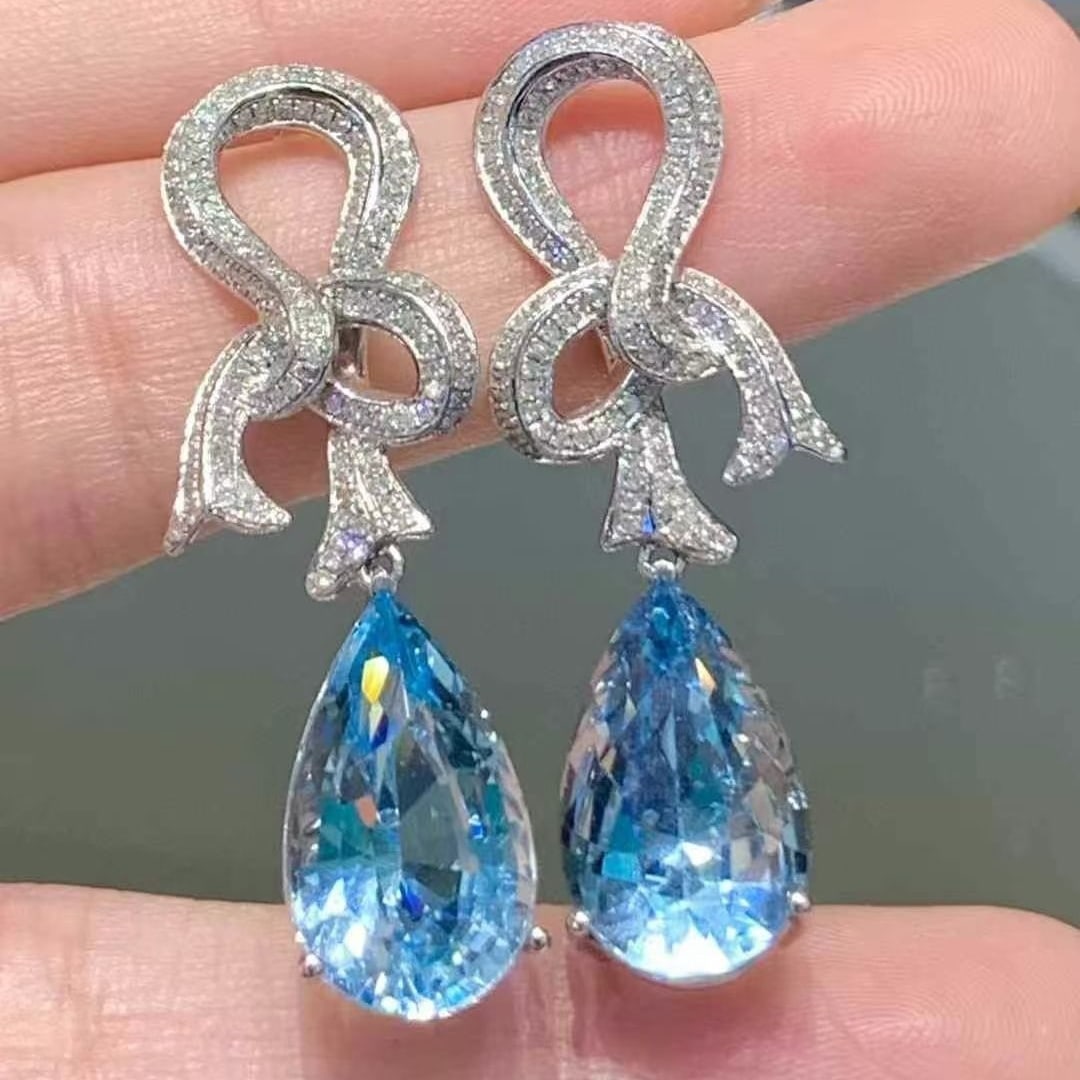 14k Gold 11.65 Ct Natural Aquamarine & Diamond Earrings - 4