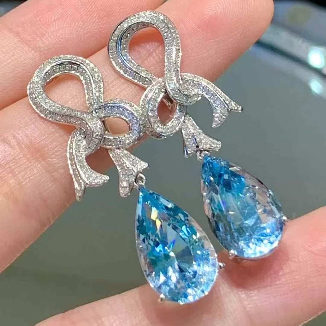 14k Gold 11.65 Ct Natural Aquamarine & Diamond Earrings - 5