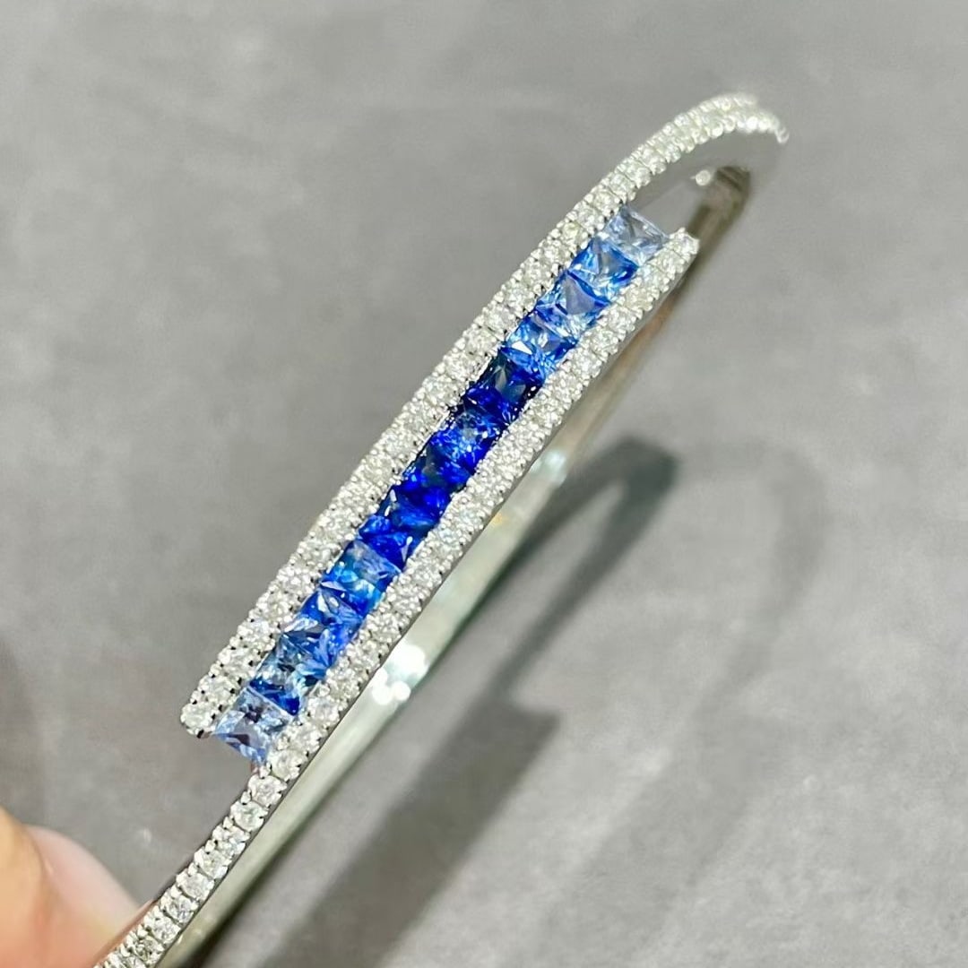 14k Gold 2.25 Ctw Natural Sapphire & Diamond Bangle - 5