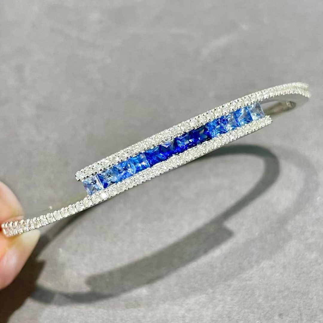 14k Gold 2.25 Ctw Natural Sapphire & Diamond Bangle - 6