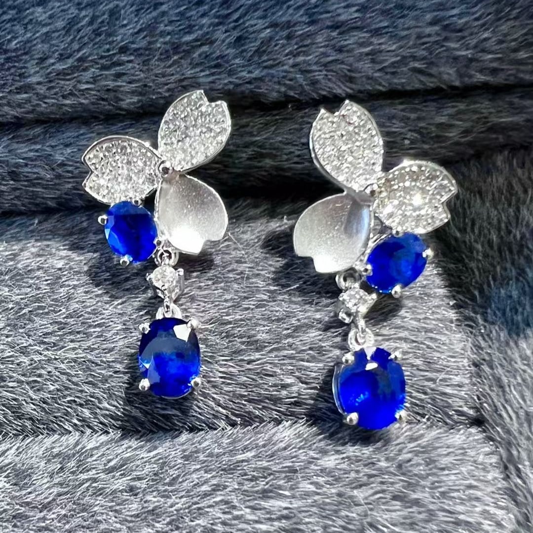 14k Gold 1.3 Ct Natural Sapphire & Diamond Earrings - 2