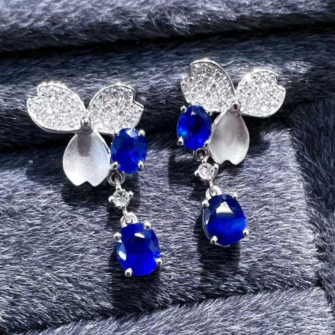 14k Gold 1.3 Ct Natural Sapphire & Diamond Earrings - 3