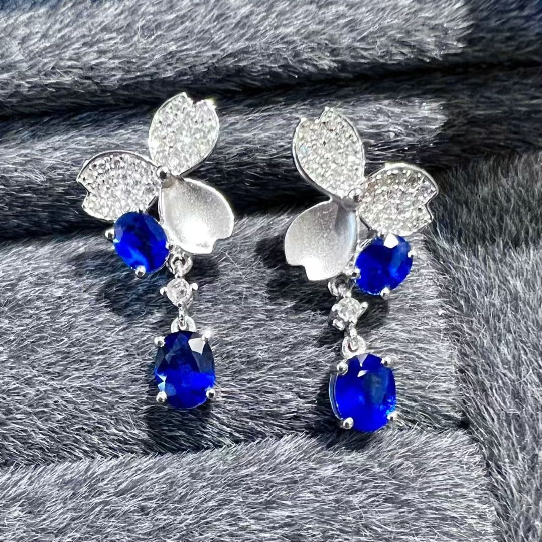 14k Gold 1.3 Ct Natural Sapphire & Diamond Earrings - 5