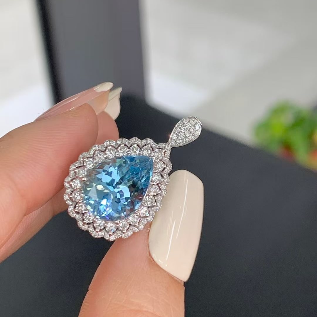 14k Gold 6.41 Ctw Natural Aquamarine & Diamond Ring/pendant( Without Chain ) - 3