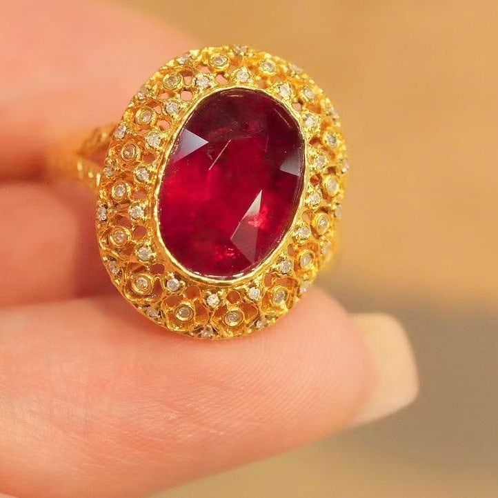 14k Gold 3.8 Ct Natural Tourmaline & Diamond Ring - 6
