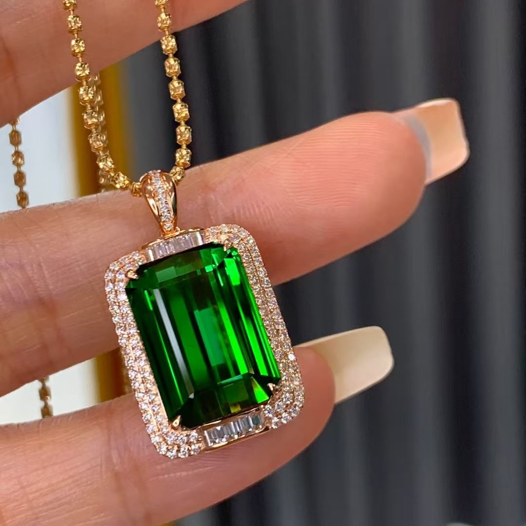 14k Gold 13.33 Ctw Natural Tourmaline & Diamond Pendant( Without Chain ) - 3
