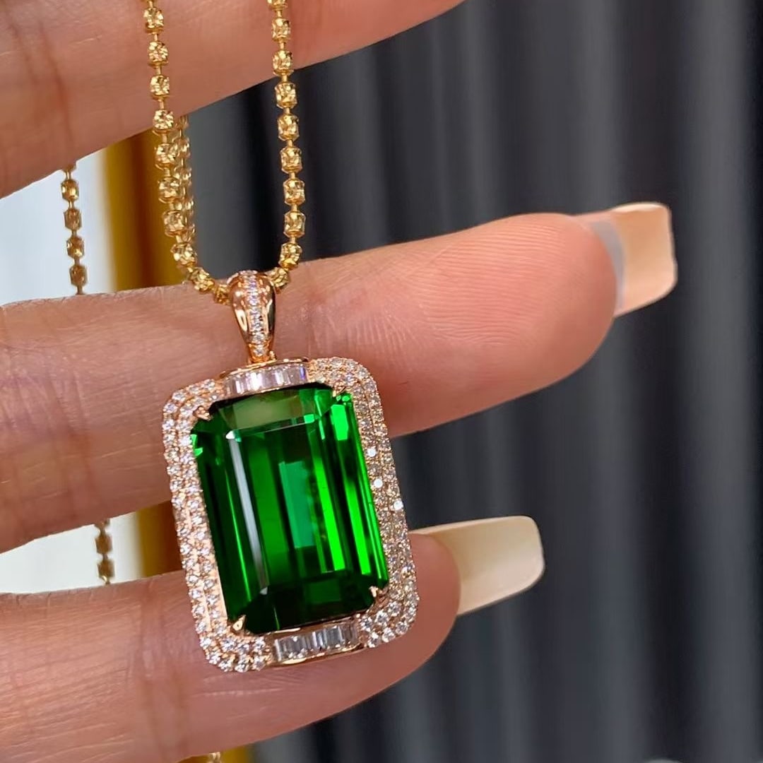 14k Gold 13.33 Ctw Natural Tourmaline & Diamond Pendant( Without Chain ) - 4