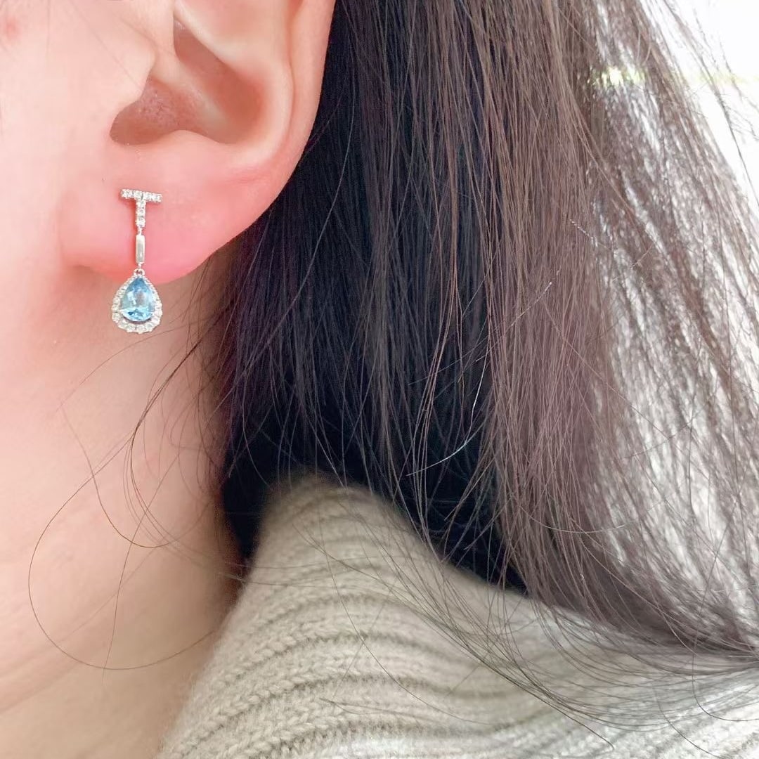 14k Gold 0.67 Ct Natural Aquamarine & Diamond Earrings - 6
