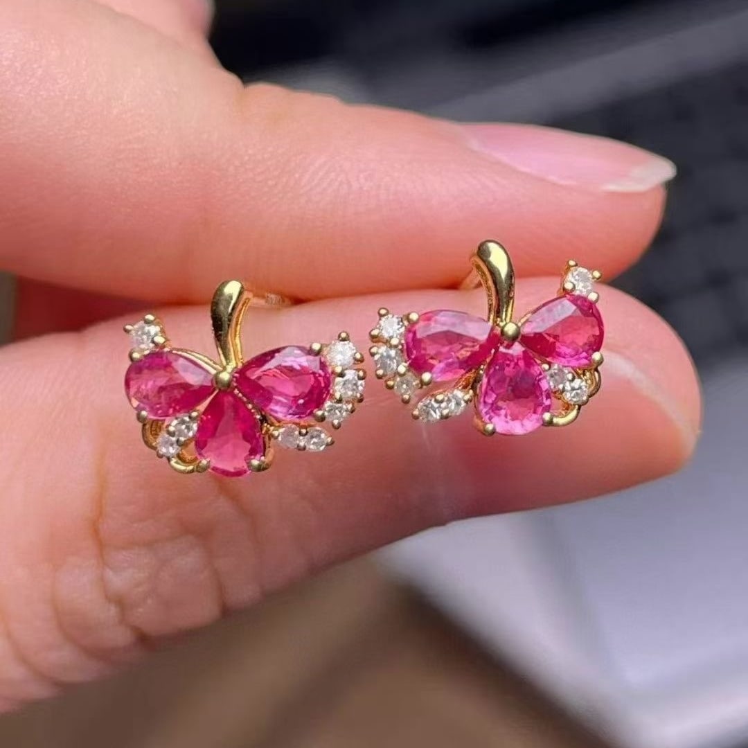 14k Gold 1.1 Ct Natural Ruby & Diamond Earrings - 2
