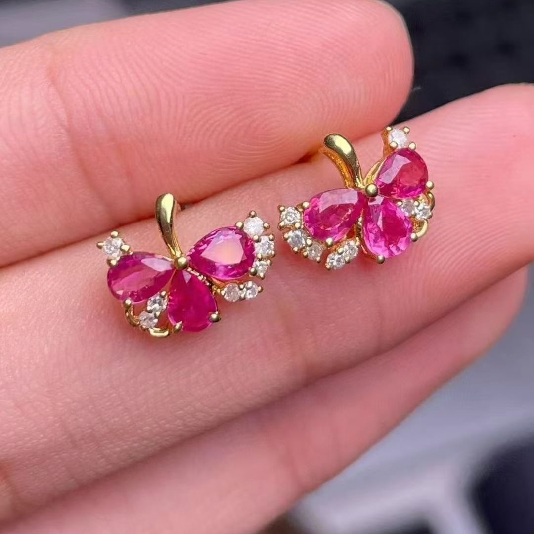 14k Gold 1.1 Ct Natural Ruby & Diamond Earrings - 5