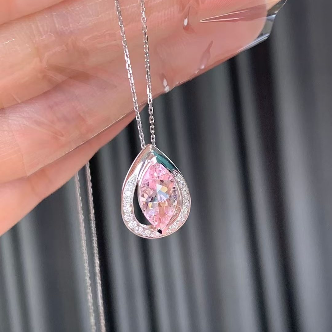 14k Gold 1.14 Ct Natural Morganite & Diamond Necklace - 2