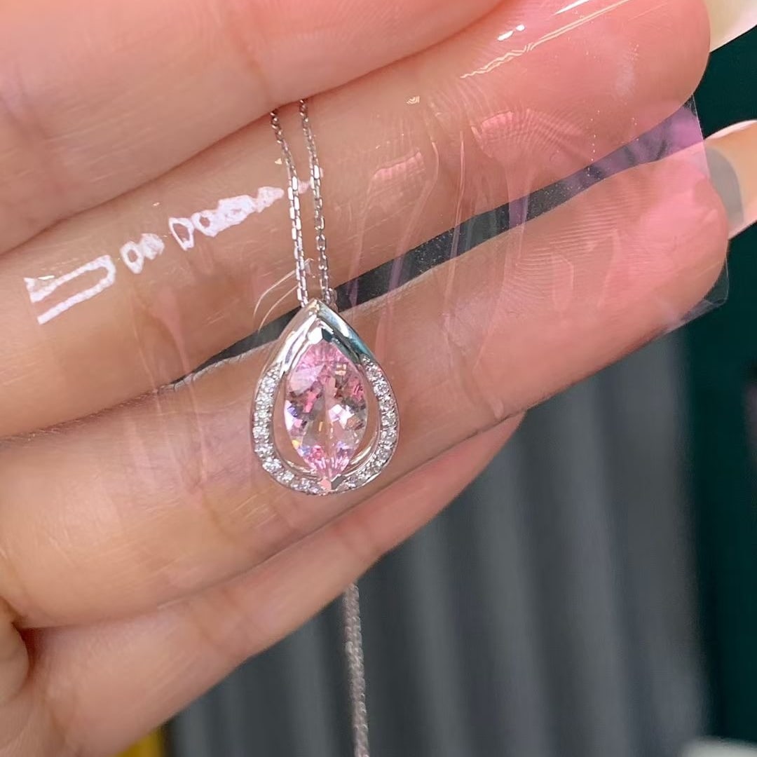 14k Gold 1.14 Ct Natural Morganite & Diamond Necklace - 4