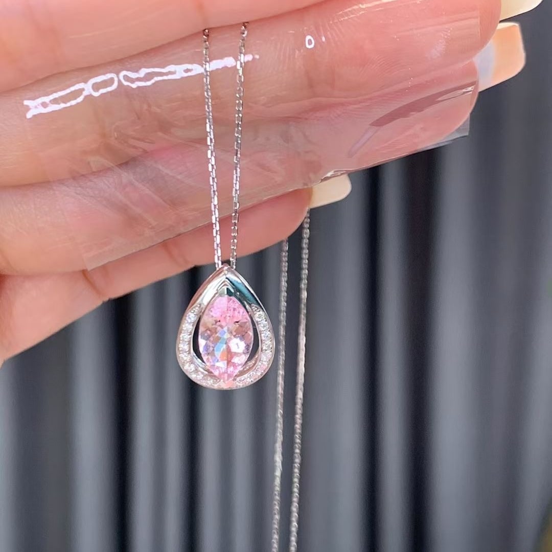 14k Gold 1.14 Ct Natural Morganite & Diamond Necklace - 5