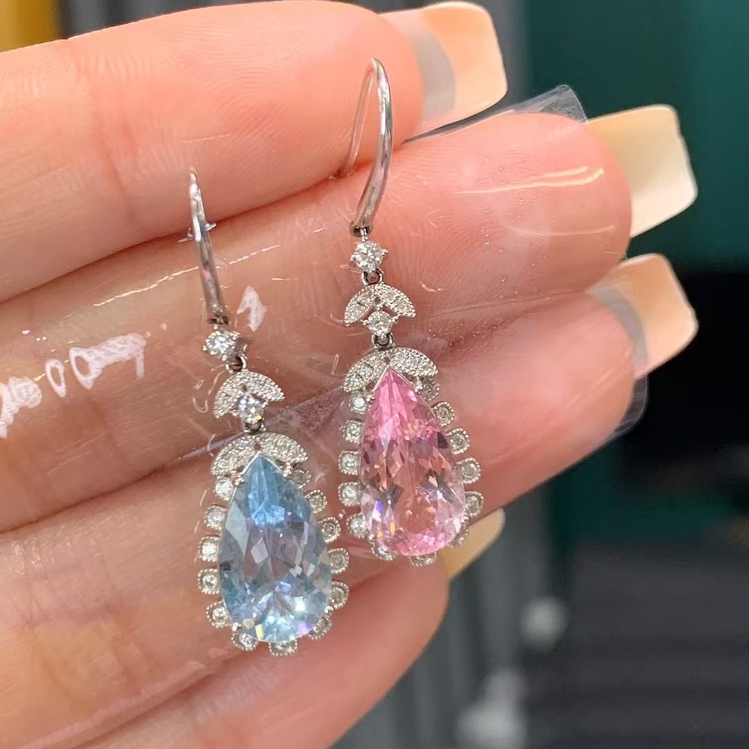 14k Gold 4.71 Ct Natural Aquamarine & Morganite & Diamond Earrings - 2