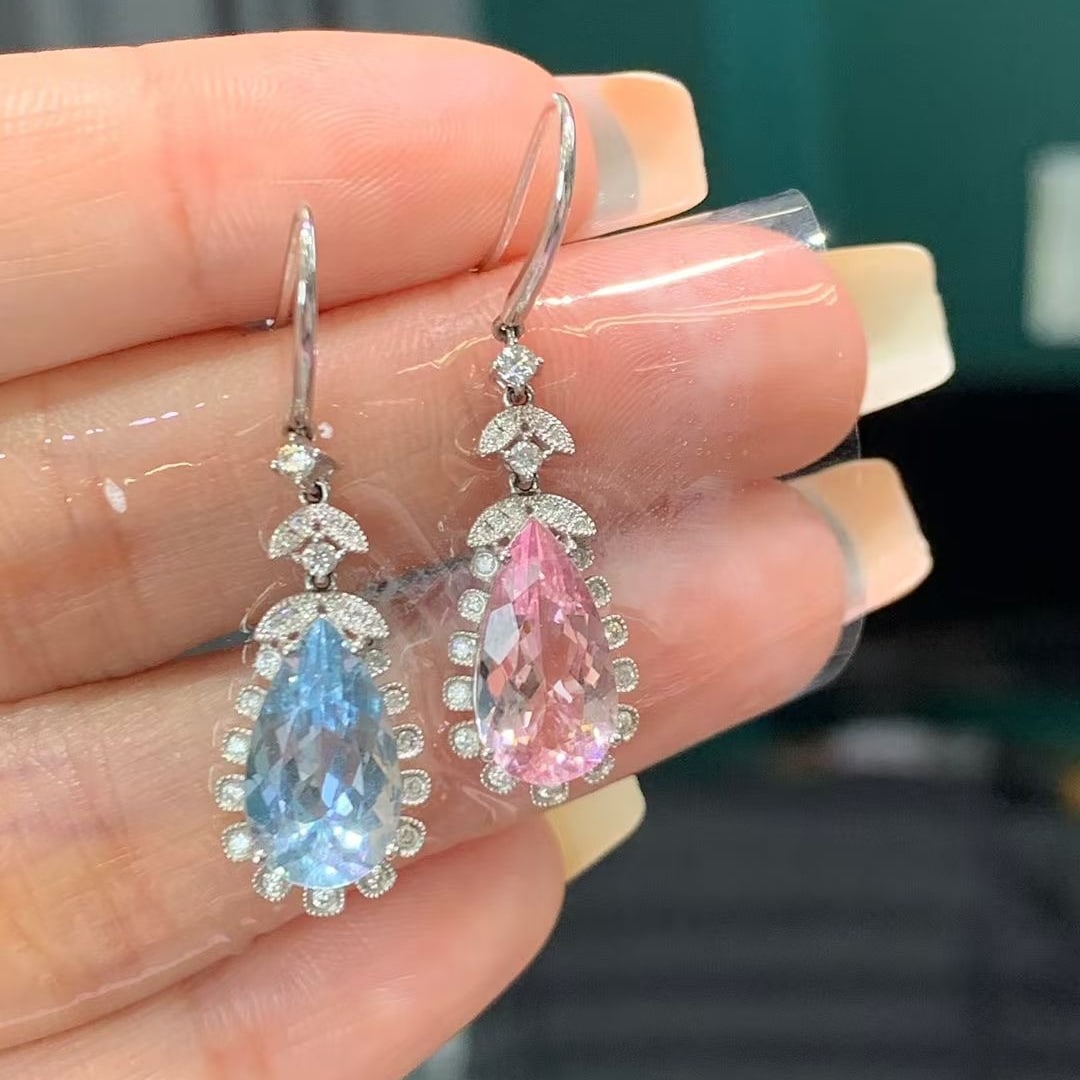 14k Gold 4.71 Ct Natural Aquamarine & Morganite & Diamond Earrings - 3