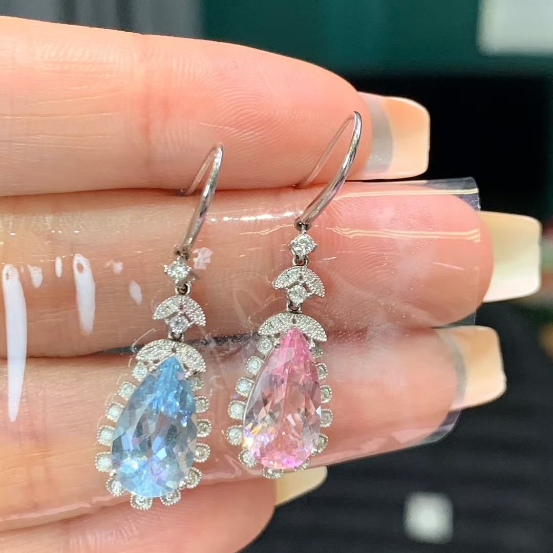 14k Gold 4.71 Ct Natural Aquamarine & Morganite & Diamond Earrings - 4