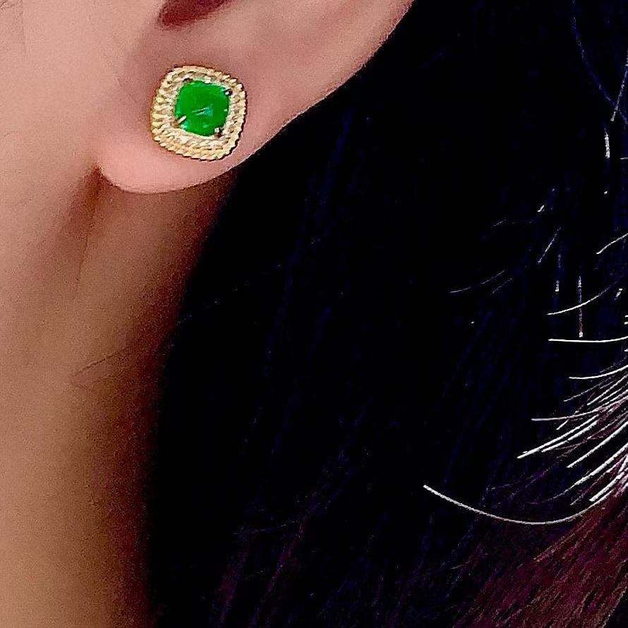 14k Gold 1.5 Ct Natural Emerald & Diamond Earrings - 2