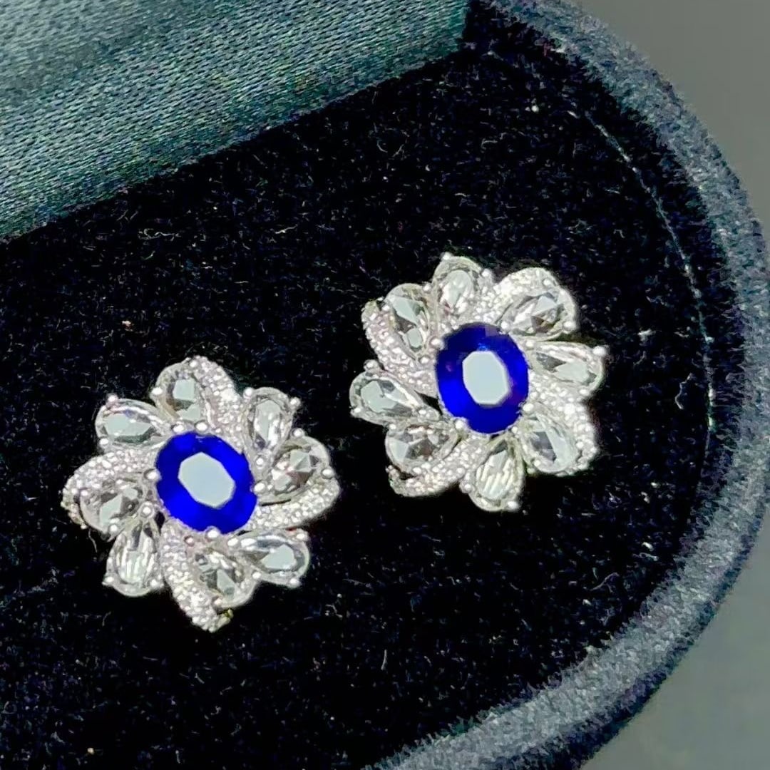 14k Gold 0.8 Ct Natural Sapphire & Diamond & Sapphire Earrings - 2