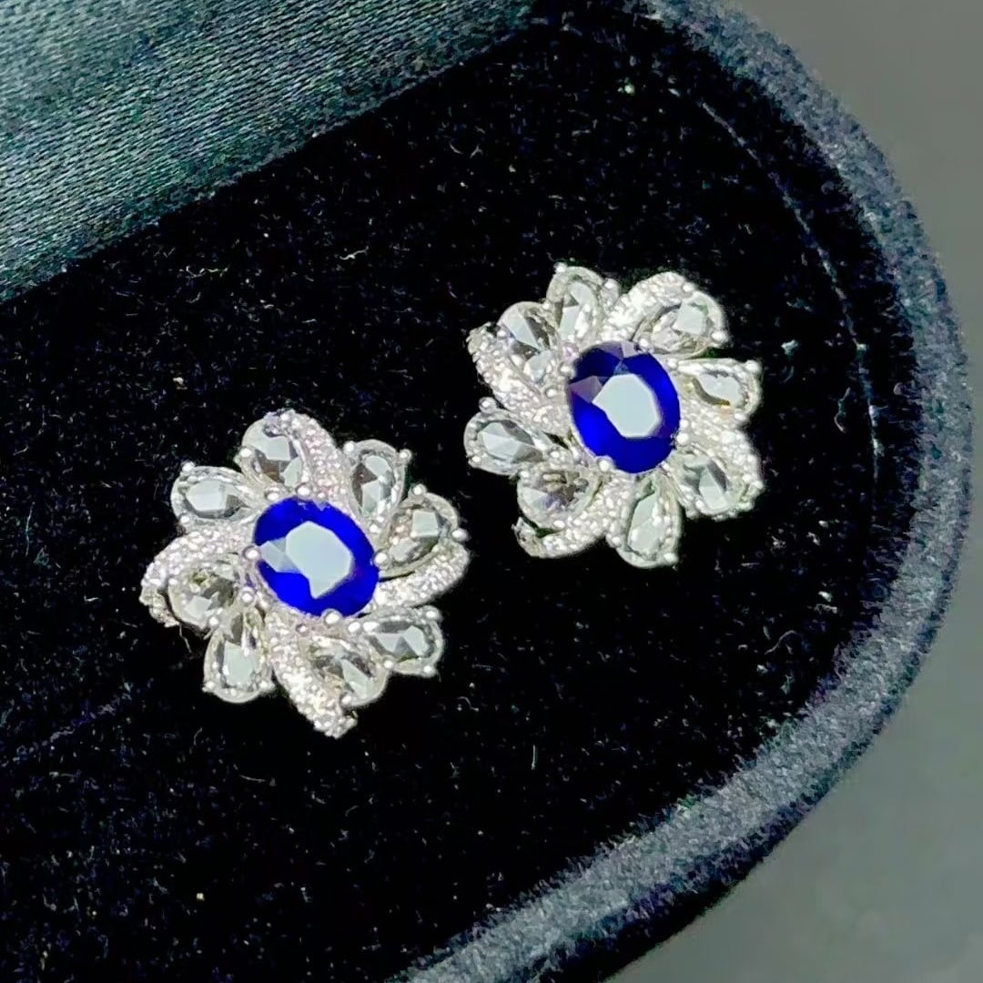 14k Gold 0.8 Ct Natural Sapphire & Diamond & Sapphire Earrings - 3