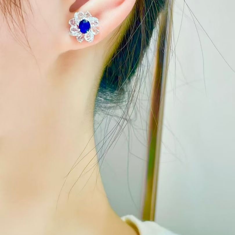 14k Gold 0.8 Ct Natural Sapphire & Diamond & Sapphire Earrings - 5