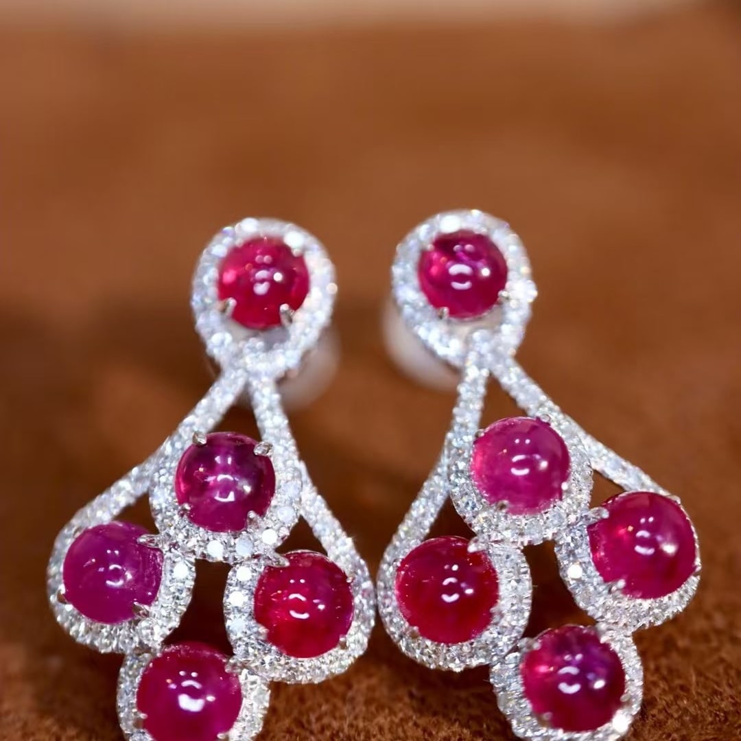 14k Gold 3.34 Ctw Natural Ruby & Diamond Earrings: Ref:230995241 // gold content:14k gold // main gemstone:ruby // shape:round // carat weight:3ct // color:red // treatment:natural // cut grade:g // // adjacent gemstone 2 : diamond // shape:round //