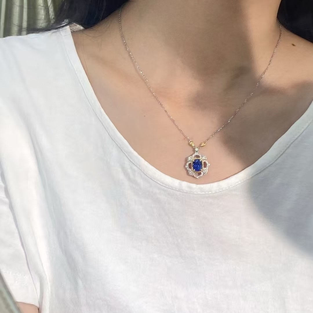 14k Gold 2.44 Ctw Natural Sapphire & Diamond Pendant( Without Chain ) - 6