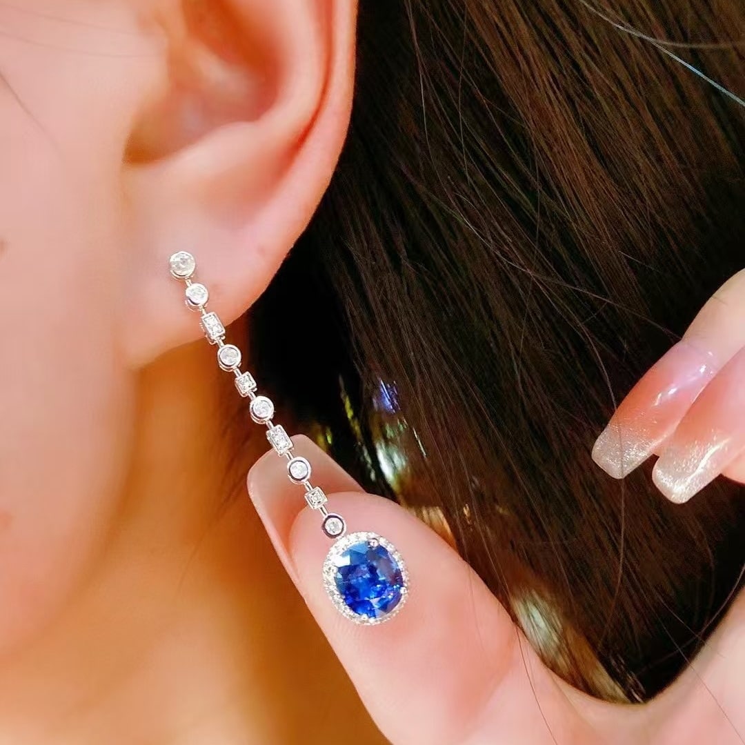 14k Gold 2.8 Ct Natural Sapphire & Diamond Earrings - 2