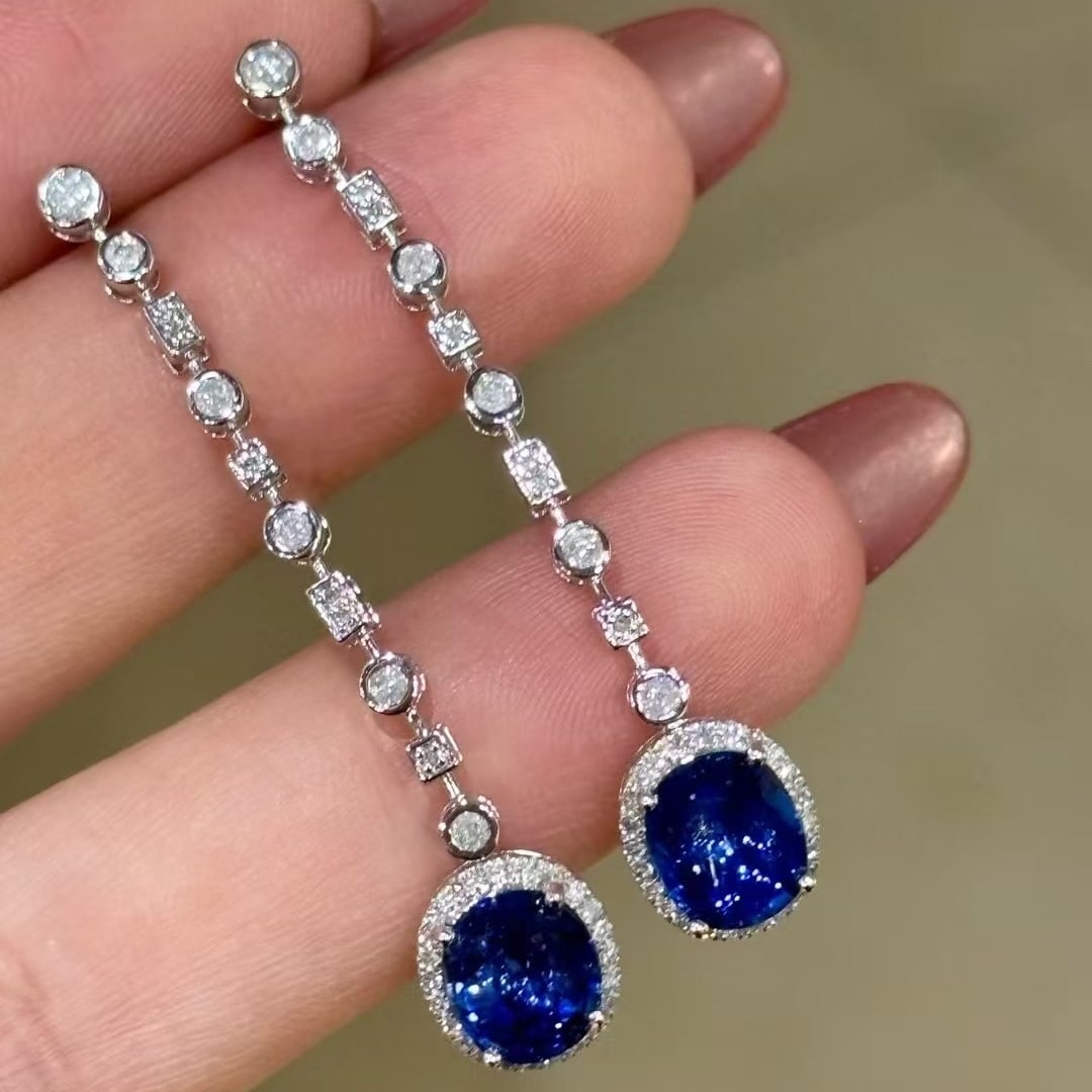14k Gold 2.8 Ct Natural Sapphire & Diamond Earrings - 4