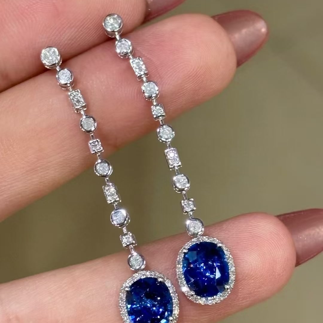14k Gold 2.8 Ct Natural Sapphire & Diamond Earrings - 5